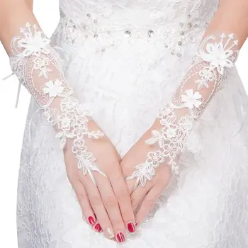 Kadın Düğün Parmaksız Eldiven Dantel Sahte İnci Çiçek Aplike İlmek Eldivenler