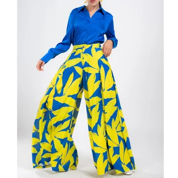 2022 Yeni Moda İlkbahar Yaz Lüks Marka moda elbise Kadınlar İçin İpek Gömlek Artı Boyutu Geniş Bacak Pantolon İki Parçalı Set Y2K Kumaş