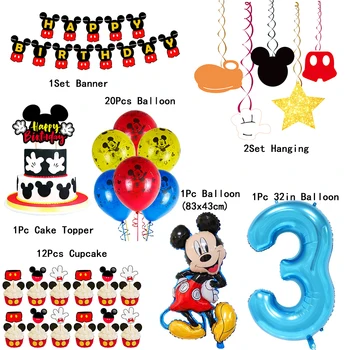 Mickey Fareler Tema Parti Malzemeleri Mutlu Doğum Günü Afiş Kek Kek Topper Numarası 1 2 3 Balon Bebek Duş İçin Parti Dekorasyon