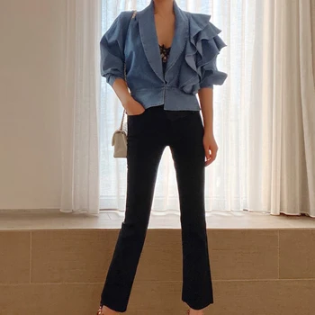 TWOTWINSTYLE Patchwork Fırfır Tunik Gömlek Kadın V Boyun Yarım Kollu Denim Bluz Kadın 2022 Moda Yeni Giyim Bahar