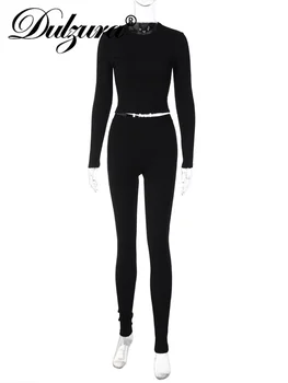 Dulzura Sonbahar Nervürlü Seksi Y2K Giysileri 2 Adet Uzun Kollu O-boyun Kırpma Üst Yüksek Bel dar pantolon Eşleşen Seti Kulübü Streetwear