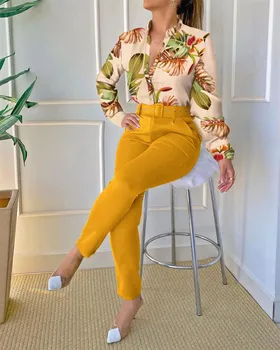 Kadın Barok Baskı Uzun Kollu Üst pantolon seti Kemer İle 2022 Sonbahar Kadın Uzun Kollu Casual Bluz İki Parçalı Pantolon Takım Elbise