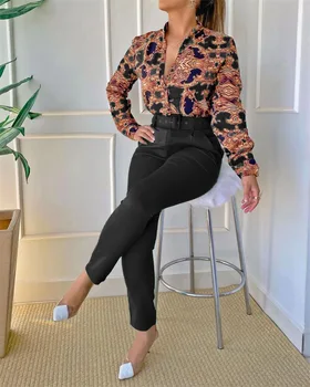 Kadın Barok Baskı Uzun Kollu Üst pantolon seti Kemer İle 2022 Sonbahar Kadın Uzun Kollu Casual Bluz İki Parçalı Pantolon Takım Elbise 1