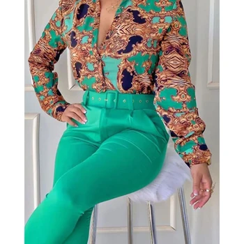 Kadın Barok Baskı Uzun Kollu Üst pantolon seti Kemer İle 2022 Sonbahar Kadın Uzun Kollu Casual Bluz İki Parçalı Pantolon Takım Elbise 2