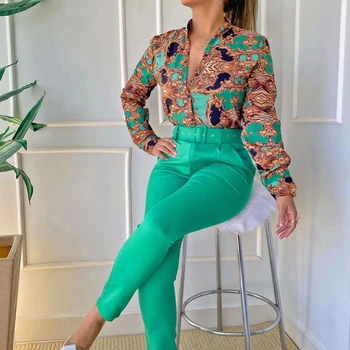 Kadın Barok Baskı Uzun Kollu Üst pantolon seti Kemer İle 2022 Sonbahar Kadın Uzun Kollu Casual Bluz İki Parçalı Pantolon Takım Elbise 3