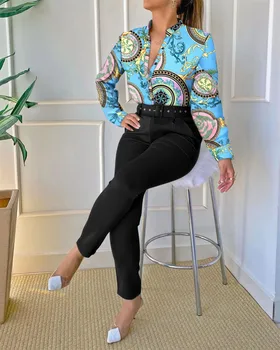 Kadın Barok Baskı Uzun Kollu Üst pantolon seti Kemer İle 2022 Sonbahar Kadın Uzun Kollu Casual Bluz İki Parçalı Pantolon Takım Elbise 4