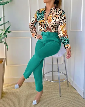 Kadın Barok Baskı Uzun Kollu Üst pantolon seti Kemer İle 2022 Sonbahar Kadın Uzun Kollu Casual Bluz İki Parçalı Pantolon Takım Elbise 5