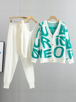 ALPHALMODA 2022 Kış Yeni Graffiti Mektup Hırka + Yelek + koşu pantolonları Kadın 3 adet Rahat Kazak Takım Elbise 1