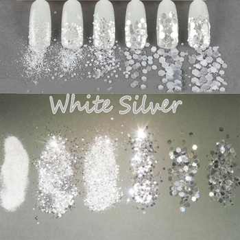 10g / Kavanoz Beyaz Gümüş Karışımı 1mm ve 2mm ve 3mm Tırnak Glitter Pul Holografik/yanardöner Tozu Jel Lehçe Lüks Sequins 23# 0