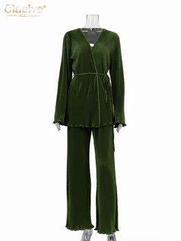 Clacive Moda Yeşil Pilili Iki Parçalı Setleri Bayan Outifits Rahat Gevşek Ev Takım Elbise Zarif Uzun Kollu Elbise Geniş pantolon seti