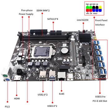 TISHRIC B250C BTC Madencilik Anakart 12 Port USB 3.0 PCIE 16X USB 3.0 Grafik Kartı Yuvası LGA1151 Destekler DDR4 DIMM RAM 4