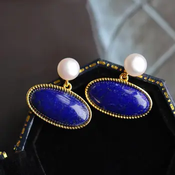 Yeni yaratıcı tasarım kakma inci lapis lazuli oval kadın küpe zarif retro muhteşem sanat takı aksesuarları
