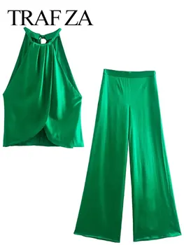 TRAF ZA Kolsuz Halter Lace Up Hollow Pileli Tank Top + Katı Yeşil Pantolon Mizaç Günlük Banliyö Geniş Bacak pantolon seti 0