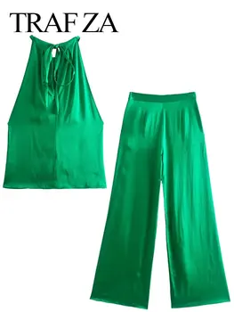 TRAF ZA Kolsuz Halter Lace Up Hollow Pileli Tank Top + Katı Yeşil Pantolon Mizaç Günlük Banliyö Geniş Bacak pantolon seti 3