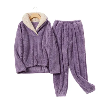 Mercan Polar Yetişkin Battaniye Pijama Kadın Sonbahar / kış Flanel Pijama Seti Kalınlaşmış Çift Ev Hizmeti 2