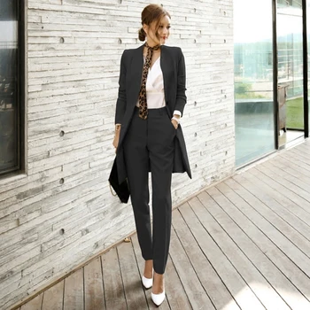 Pist Kore Iş Kadın Düz Renk Uzun Takım Elbise Ceket + Ince Pantolon Pantolon Ofis OL Iş Elbisesi 2 Parça Set