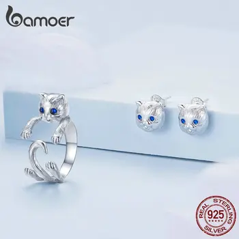 Bamoer 925 Ayar Gümüş Kedi Kucaklama Açılış Yüzük ve Kedi Damızlık Küpe takı seti Mavi Spinel Güzel Takı Kadınlar için ZHS300