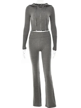 Fantoye Iki Parçalı Setleri Kadın Eşofman Uzun Kollu Fermuar kapüşonlu süveter dar pantolon Takım Elbise Katı Rahat Örme Kazak Seti 3