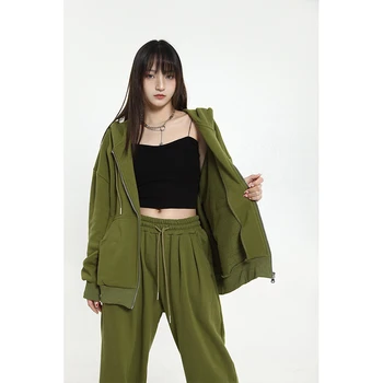 Kadın Yeşil fermuarlı kapüşonlu kıyafet Uzun Kollu Casual Baggy Geniş Bacak Uzun Pantolon İki Parçalı Set Vintage Spor Stil Takım Elbise Bayanlar