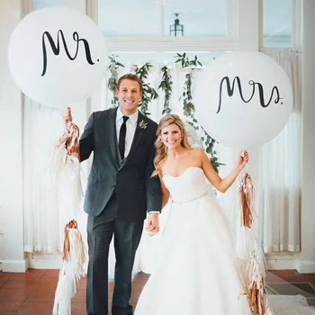 2 adet 36 inç Yuvarlak Beyaz Baskı Mr & Mrs Lateks Balonlar AŞK Folyo Balonlar Düğün Gelin Evlilik Hava Helyum Globos Malzemeleri