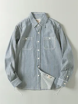Sonbahar Yeni Amerikan Retro Uzun Kollu Yaka Çizgili Kargo Gömlek erkek Moda Saf Pamuk Yıkanmış Ağır Rahat Bluzlar