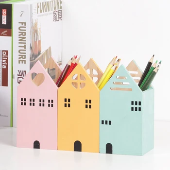 Yeni Yaratıcı Kawaii Ev Şekli Ahşap kalemlik masa düzenleyici Kozmetik fırça saklama kutusu Okul Ofis Kırtasiye Ev Dekor 0