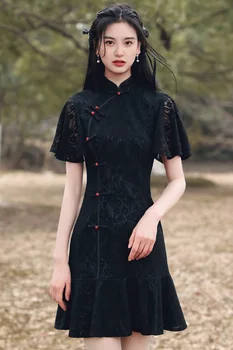 Seksi Siyah Dantel Cheongsam Vintage Mandarin Yaka Qipao Geliştirilmiş Kadınlar Düğme Boncuk Elbise Zarif Retro Balo elbisesi Vestidos 0