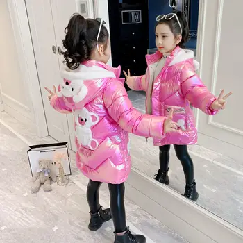 Kızlar Uzun Kış Aşağı Ceket Sevimli Ayı Mont Kızlar İçin Parkas Moda Parlak Kapşonlu Çocuk Su Geçirmez Giyim 6 8 10 yıl 0