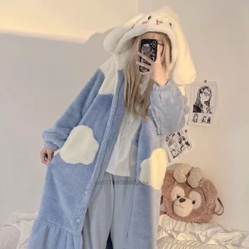 Sanrio Moda Cinnamoroll Kış Kalın Pijama Kadın Ev Giysileri Sevimli Gece Elbiseler Kız Sıcak Uzun Palto Pijama Kadın