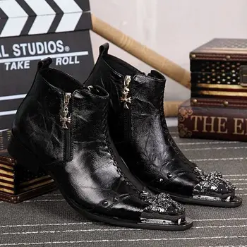 Cattlehide Deri Martens Çizmeler erkek Yüksekliği Artan Perçin Tilta Yüksek Top Ayakkabı erkek Kuaför Aktör Sahne Deri Çizmeler