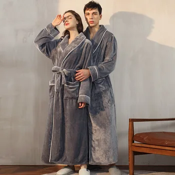 Kış Artı Boyutu 3XL Çift Elbise Pijama Kalın Pazen Uzun Kimono Bornoz Kıyafeti Kıyafeti Gevşek Rahat Mercan Polar Ev Giyim