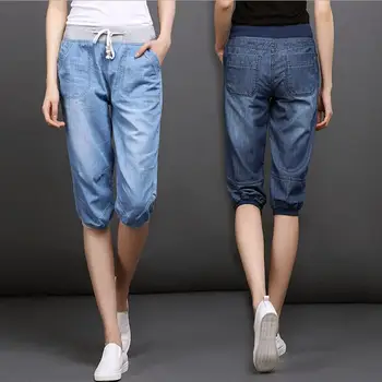 Yaz Stilleri Kot Kadınlar İçin buzağı Uzunlukta Pantolon Elastik Yüksek Bel Gevşek harem pantolon Moda İnce Kot Artı Boyutu 4XL