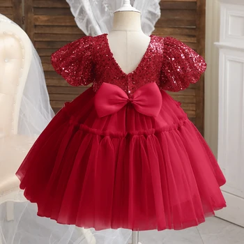 Kırmızı doğum günü elbiseleri Bebek Kız V-geri Sevimli Vaftiz Vestidos Çocuklar Düğün Parti Kıyafeti Küçük Kızlar Noel Prenses Elbise