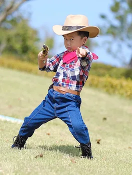 Çocuk Çocuk Erkek Kız Retro Iki Silah Deri Bant Yün Keçe Geniş Ağız Kovboy Batı Şapka Cowgirl Melon Fötr Şapka Kap (54 cm,Ayarlamak) 1