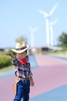 Çocuk Çocuk Erkek Kız Retro Iki Silah Deri Bant Yün Keçe Geniş Ağız Kovboy Batı Şapka Cowgirl Melon Fötr Şapka Kap (54 cm,Ayarlamak) 2