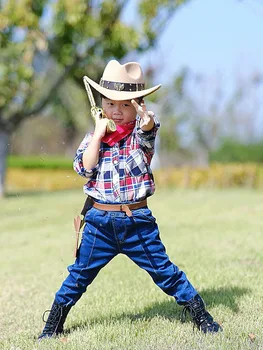 Çocuk Çocuk Erkek Kız Retro Iki Silah Deri Bant Yün Keçe Geniş Ağız Kovboy Batı Şapka Cowgirl Melon Fötr Şapka Kap (54 cm,Ayarlamak) 3