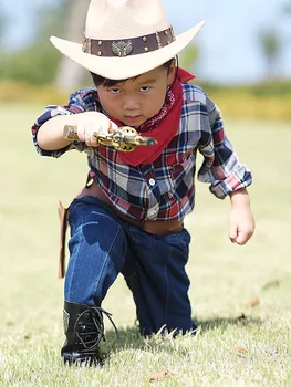 Çocuk Çocuk Erkek Kız Retro Iki Silah Deri Bant Yün Keçe Geniş Ağız Kovboy Batı Şapka Cowgirl Melon Fötr Şapka Kap (54 cm,Ayarlamak) 4