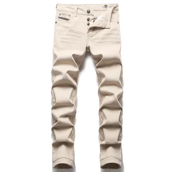 Erkek Kot Basit Atmosfer Saf Renk günlük pantolon Midwaist Nakış Moda Kot Pantolon İnce Streç Streetwear