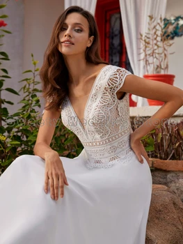 2022 Bohemian düğün elbisesi Seksi Kap Kollu V Boyun Dantel Bir Çizgi gelinlikler Özel Backless Vestido De Noiva