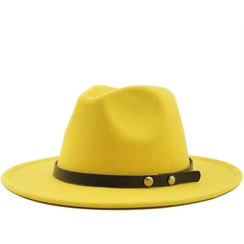 Kadın erkek Yün Caz fötr şapkalar Rahat Erkek Kadın deri kemer Ağız dokulu şapka beyaz pembe sarı Panama Fötr Resmi Parti Kap