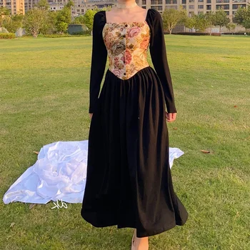 Işlemeli Çiçek Baskılı Jakarlı Uzun Kollu Patchwork uzun elbise Kadınlar 2021 Vintage Zarif İnce Parti Akşam Tam Elbise