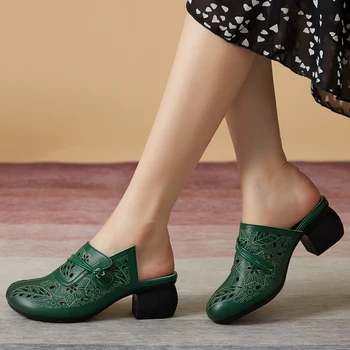 GKTINOO 2023 Retro Tarzı El Yapımı Kadın Terlik Yumuşak Hakiki Deri Yaz Ayakkabı Kapalı Ayak Yüksek Topuklu Slaytlar Oymak 1