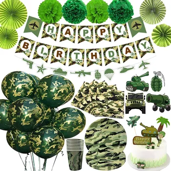 Kamuflaj Parti Sofra Kağıt Tabak bardak peçete Askeri Tema Doğum Günü Dekor Afiş Kamuflaj Lateks Balonlar Ordu Kek Topper