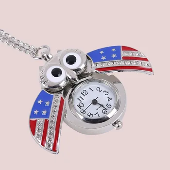 6018Amerikan bayrağı gümüş büyük gözler sevimli baykuş küçük cep saati kanatları açabilir ve kapatabilir küçük cep saati