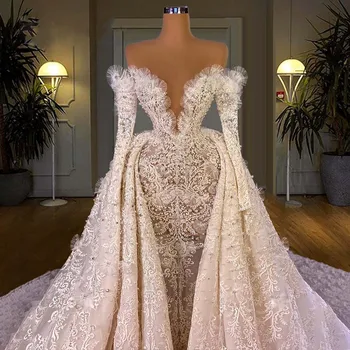 Haute Couture 2023 Moda düğün elbisesi Ayrılabilir Tren ile Lüks Arapça Dubai Dantel İnciler düğün elbisesi es gelinlikler