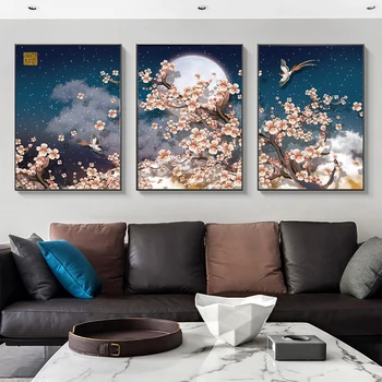 3 adet Çin Tarzı Duvar Sanatı resim tuvali baskı tablo Şeftali Çiçeği sanat baskı duvar sanat posterleri Baskılar Oturma Odası için