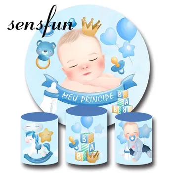 Mavi Erkek Bebek Duş Yuvarlak Zemin Yıldız Balonlar Meu Principe Yenidoğan 1st Doğum Günü Partisi Daire Arka Plan Kaide Kapakları