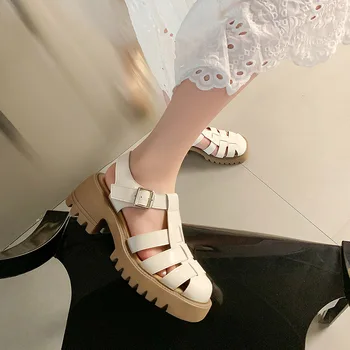 Roma Sandalet Kadın 2022 Yeni Yaz platform ayakkabılar yuvarlak burunlu yüksek Topuklu Retro İçi Boş Dokuma Sandalet Kadın 4