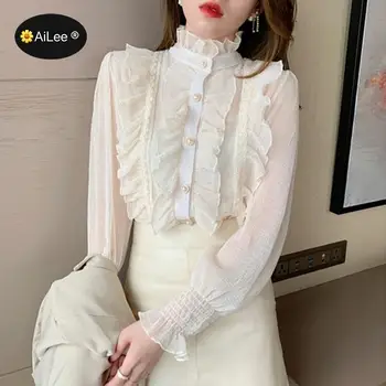 Moda Victoria Bluzlar Kadın OL Ofis Bayanlar Beyaz Gömlek Yüksek Boyun Fırfırlı Fırfır Manşetleri Gömlek Kadın Bluz Parti Gotik