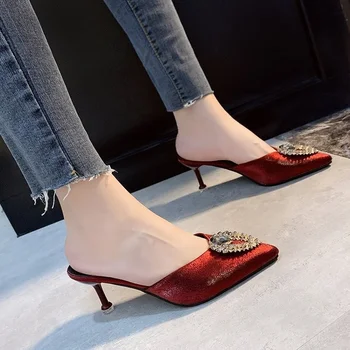 Kadın Pompaları Yaz Düğün Ayakkabı Stiletto Yüksek Sivri Burun Kristal topuklu sandalet Bayanlar Yeni Moda Yarım Terlik Bahar Yeni